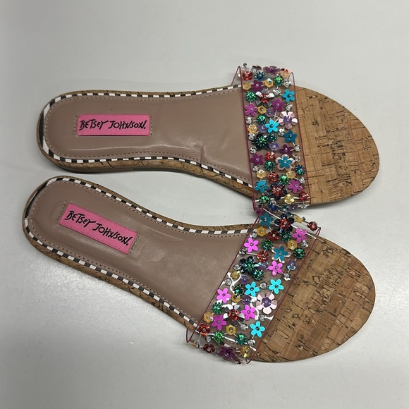 Betsey Johnson Sandals Slides Flats Slip On Open Toe Shoes Floral Beaded New 6 - Picture 3 of 7